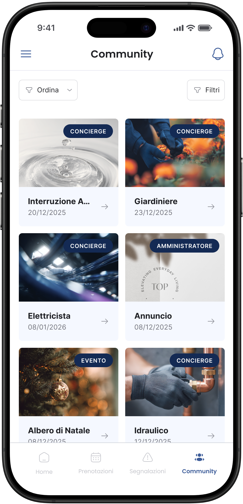 Schermata di un'app mobile Community con sei schede di servizi: Interruzione Acqua, Giardiniere, Elettricista, Annuncio, Albero di Natale, Idraulico, con date e categorie.